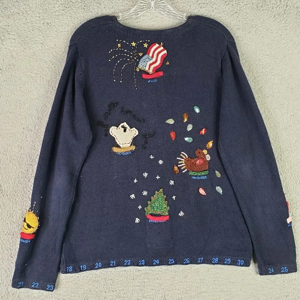 Vtg Northern Isles Cardigan Sweater Blue Embroidered Teacher Calendar Medium